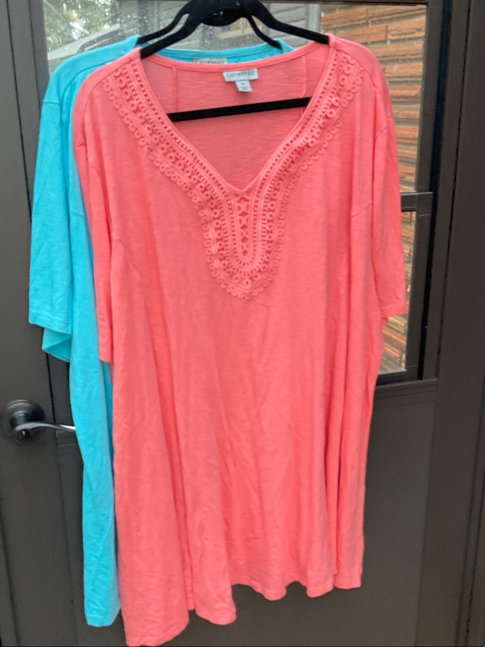 Catherines pair of two Coral and turquoise Crochet-Trim V-Neck Tunic